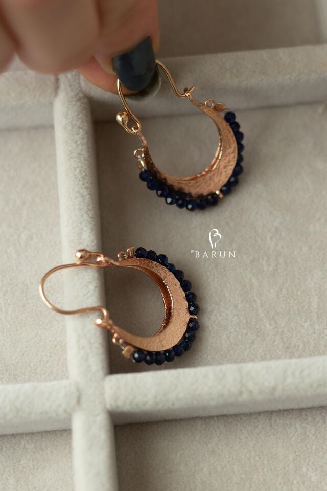 Lacivert Taşlı Sallantılı Gümüş Halka Küpe-Rose