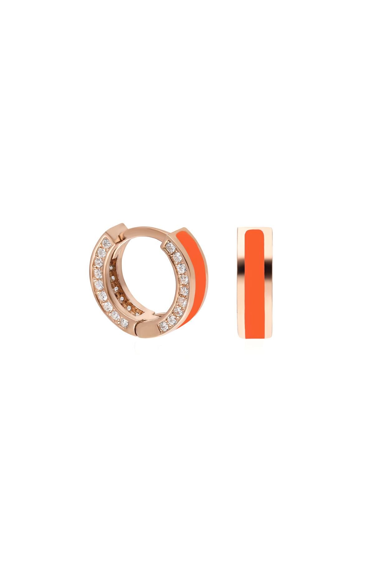 Beyaz Taşlı Turuncu Neon Mineli Yuvarlak Gümüş Küpe-Rose