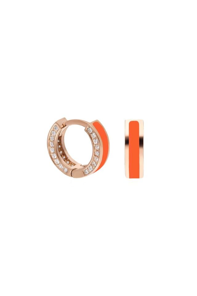 Beyaz Taşlı Turuncu Neon Mineli Yuvarlak Gümüş Küpe-Rose