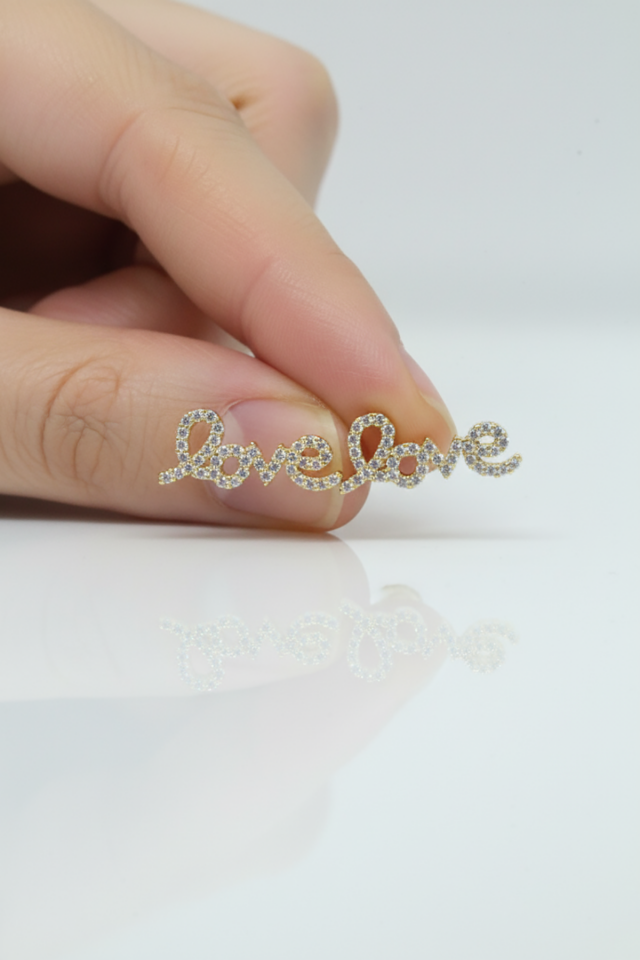 Love Aşk Yazılı Taşlı Gümüş Küpe-Rose