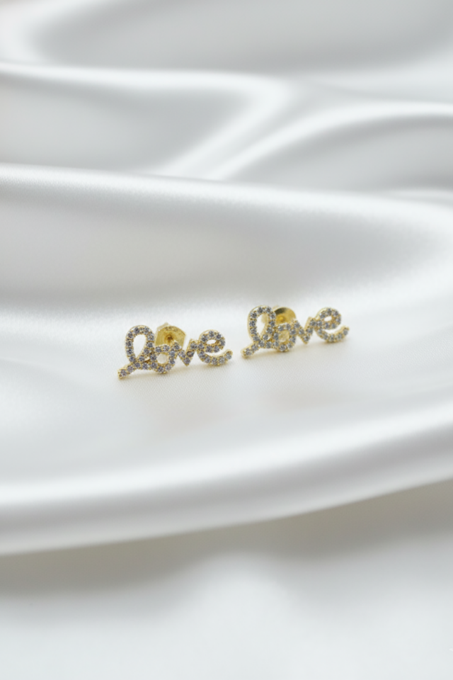 Love Aşk Yazılı Taşlı Gümüş Küpe-Rose