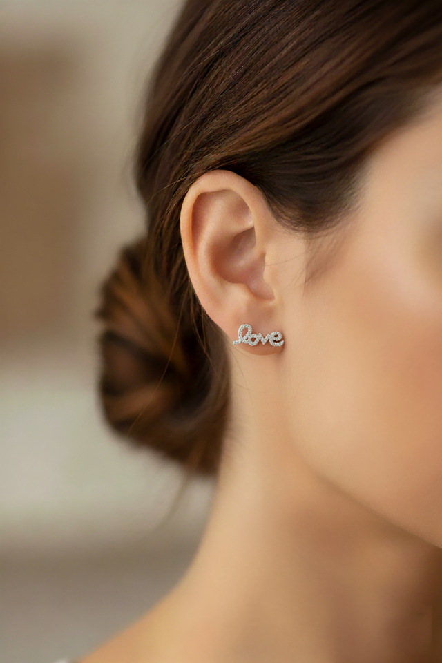 Love Aşk Yazılı Taşlı Gümüş Küpe-Rose