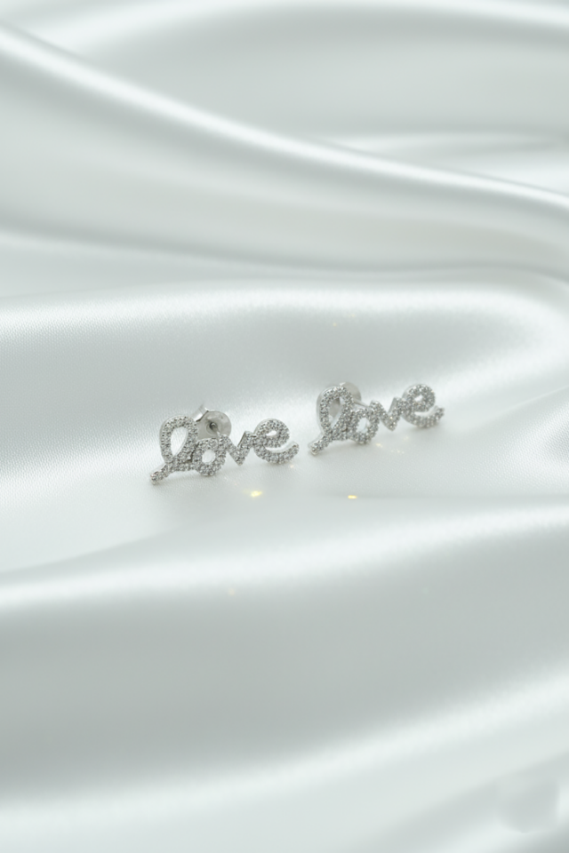Love Aşk Yazılı Taşlı Gümüş Küpe-Rose