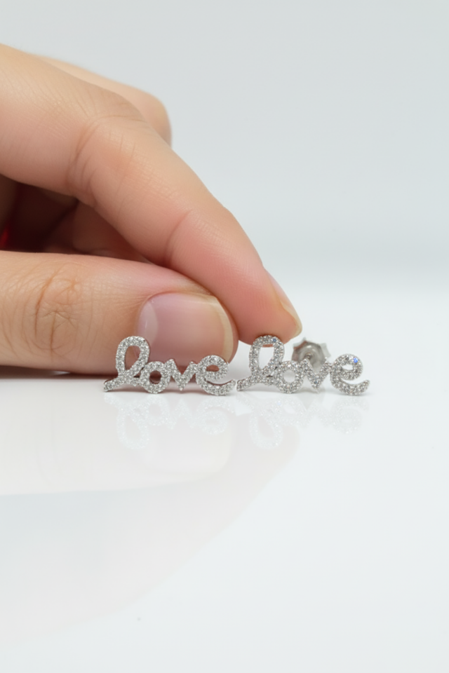Love Aşk Yazılı Taşlı Gümüş Küpe-Rose