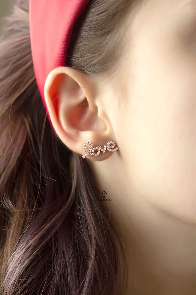 Love Aşk Yazılı Taşlı Gümüş Küpe-Rose