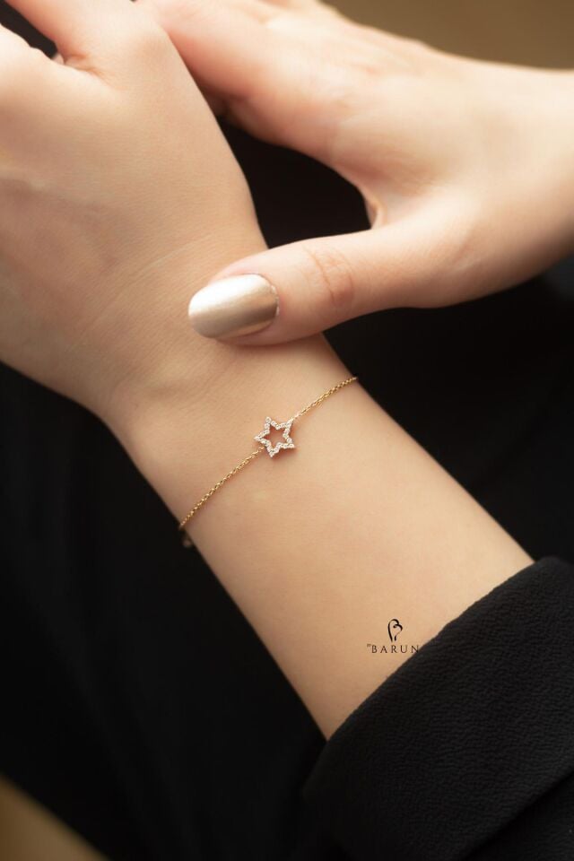 Sarı Renk Beyaz Taşlı Yıldız Gümüş Bileklik