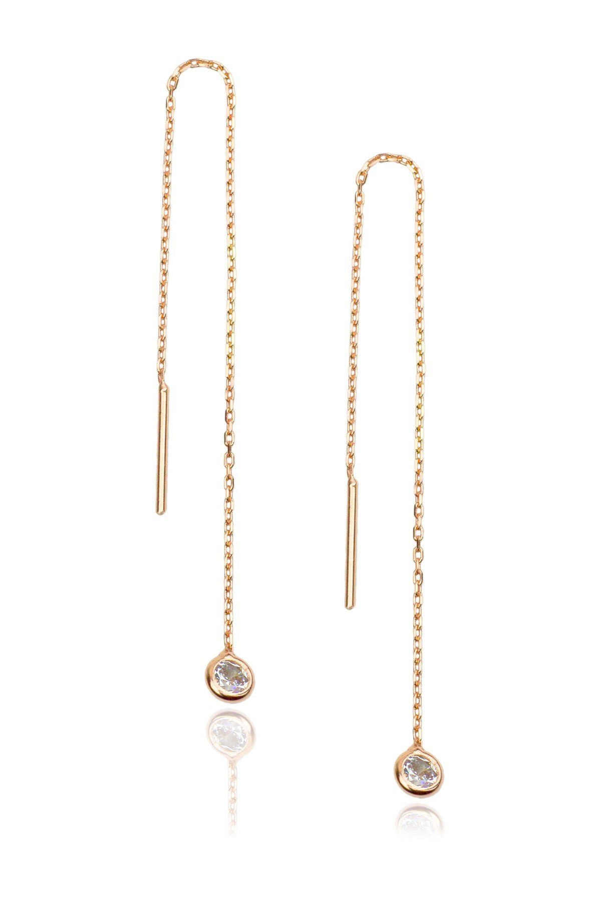 Tek Taşlı Zincir Küpe - Rose