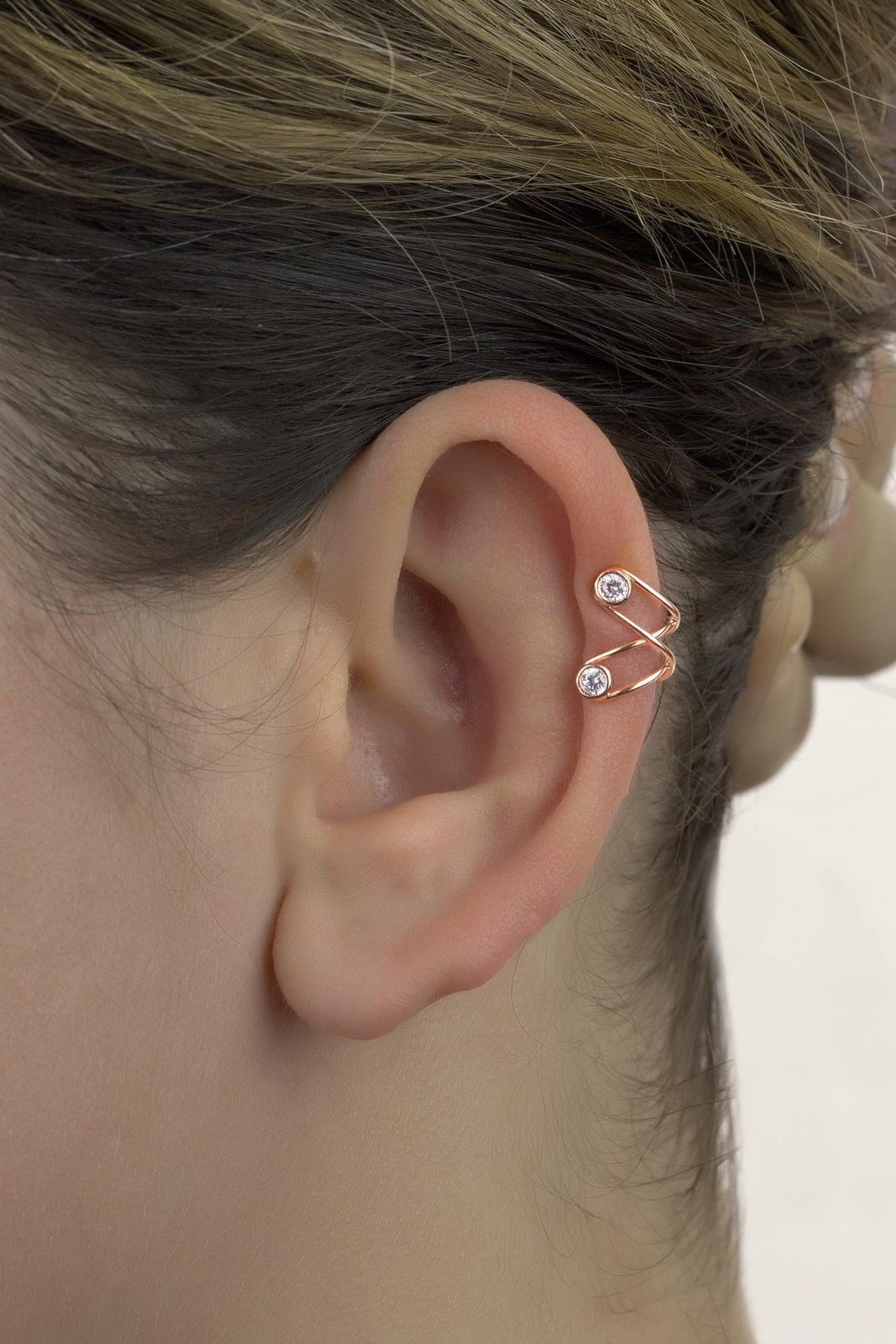 Yuvarlak Beyaz Taşlı 925 Ayar Kıkırdak Küpe - Rose