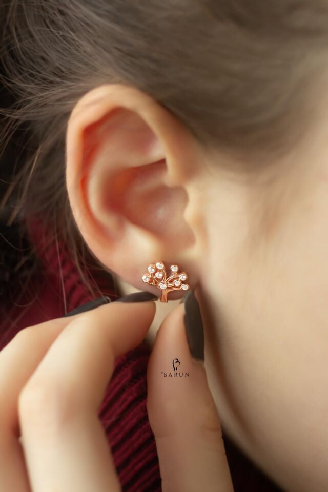 Hayat Ağacı Beyaz Taşlı Gümüş Küpe-Rose