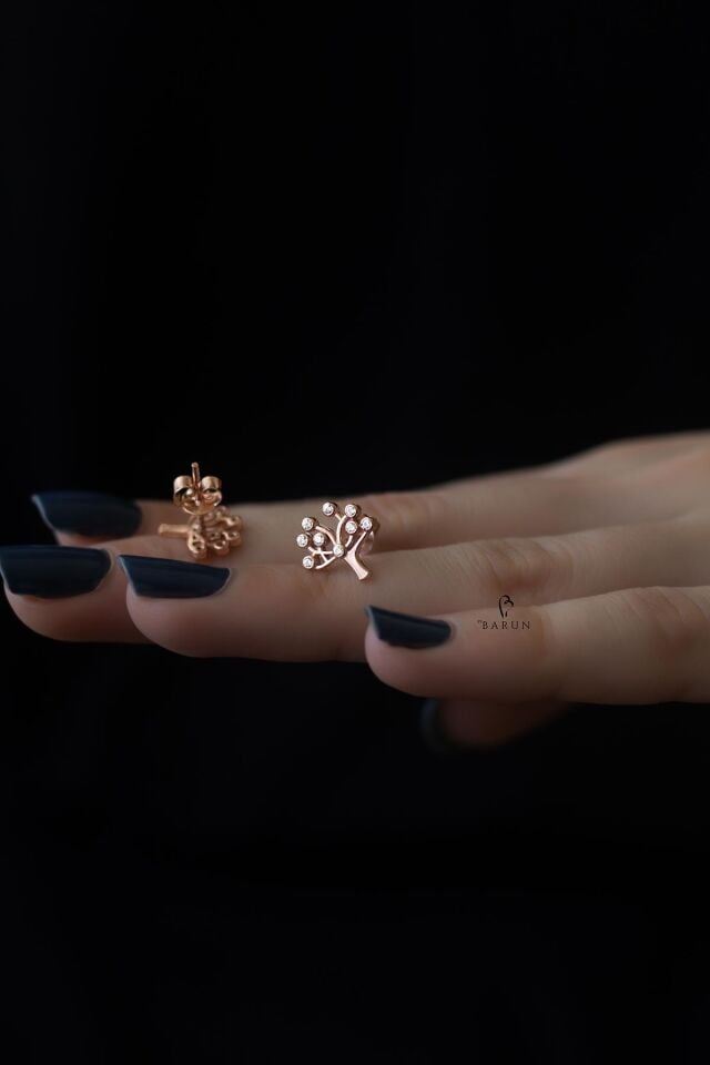 Hayat Ağacı Beyaz Taşlı Gümüş Küpe-Rose