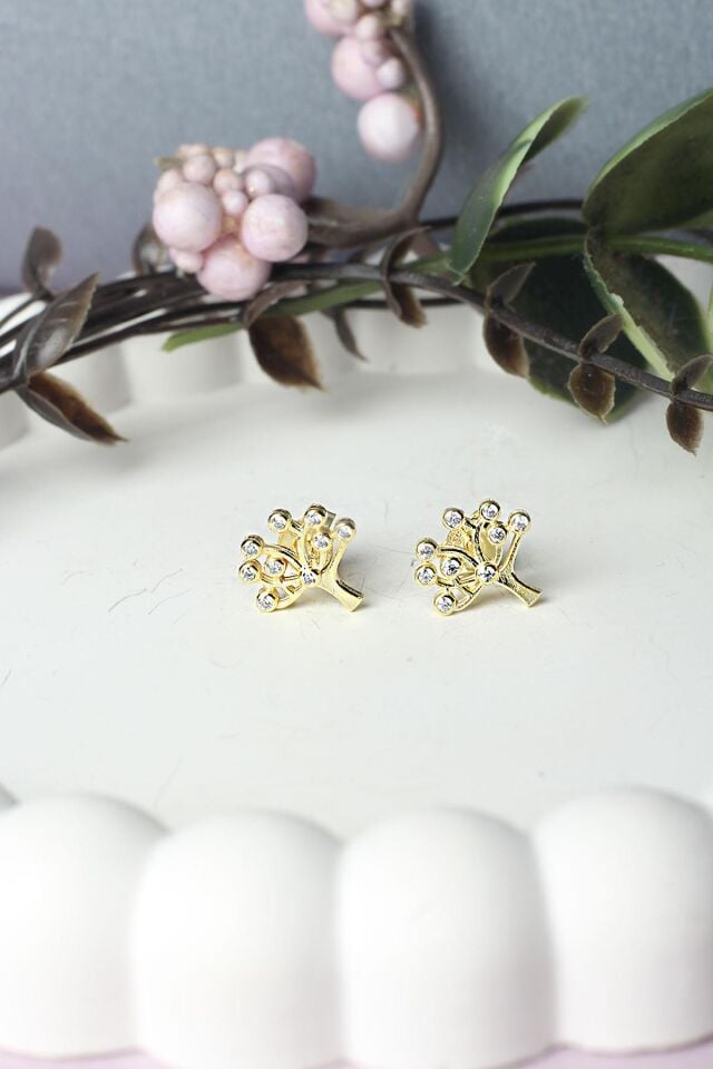 Hayat Ağacı Beyaz Taşlı Gümüş Küpe-Rose