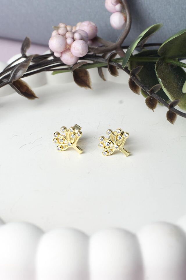 Hayat Ağacı Beyaz Taşlı Gümüş Küpe-Rose