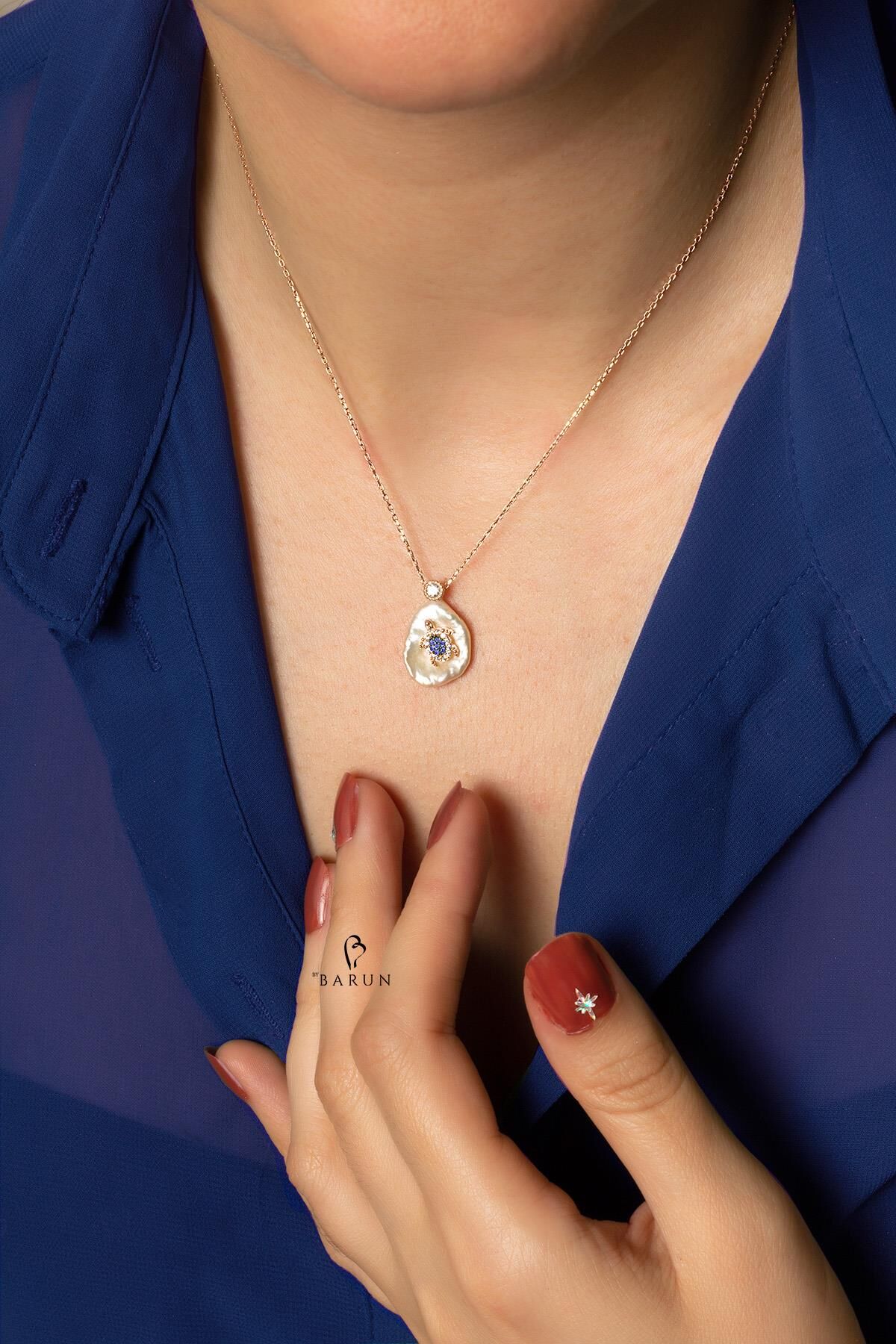 Barok Beyaz İnci Mavi Taşlı Kaplumbağa Model  Şans Gümüş Kolye - Rose