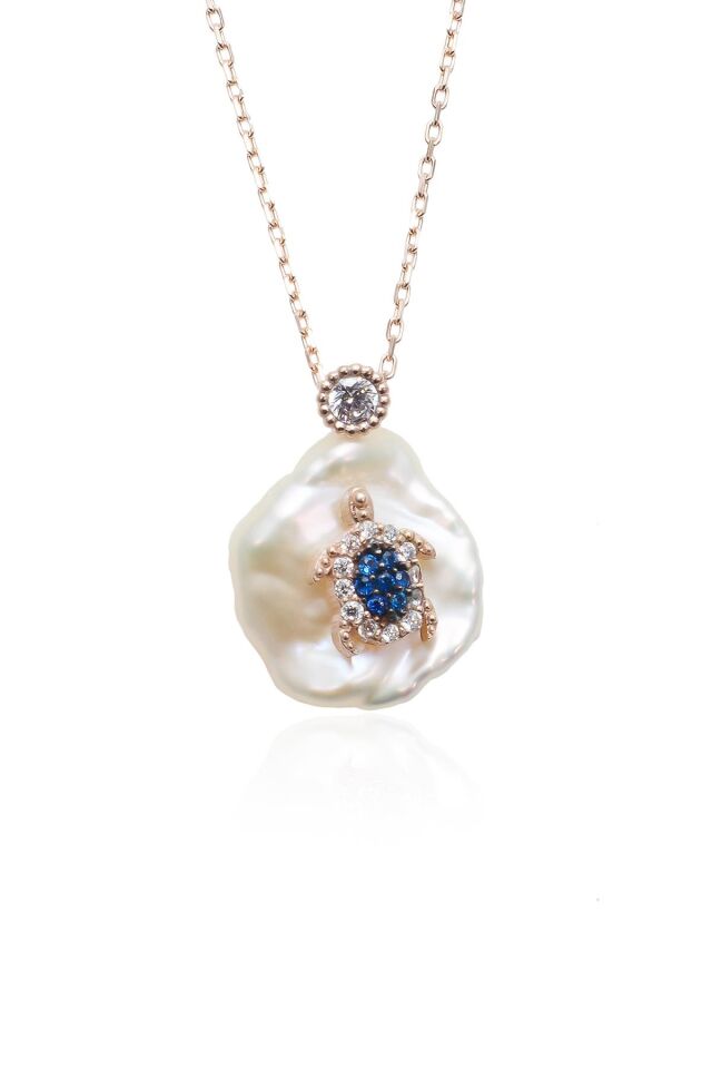 Barok Beyaz İnci Mavi Taşlı Kaplumbağa Model  Şans Gümüş Kolye - Rose