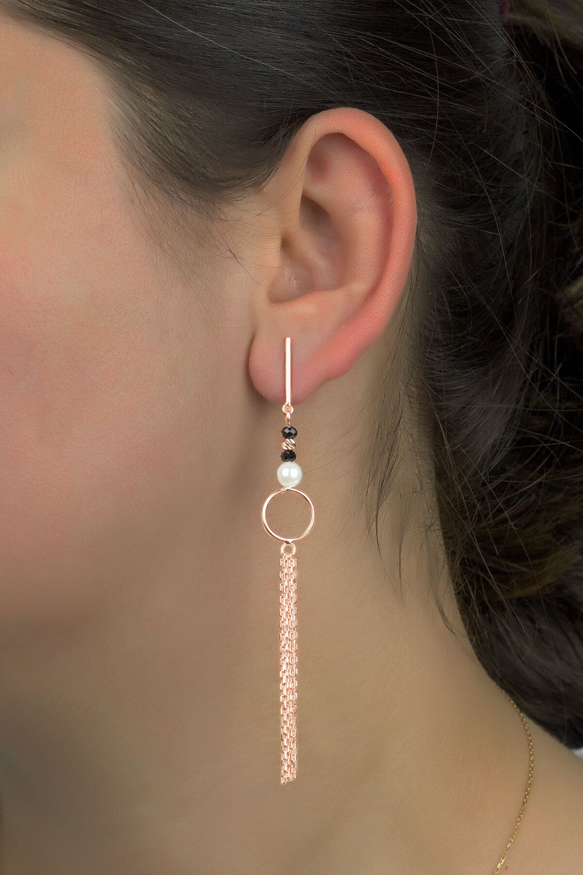 Zincirli Onix Küpe - Rose