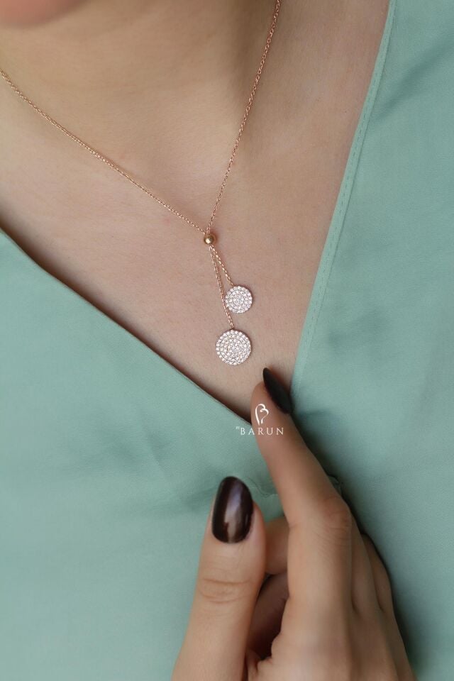 Beyaz Taşlı Yuvarlak İkili Gümüş Kolye