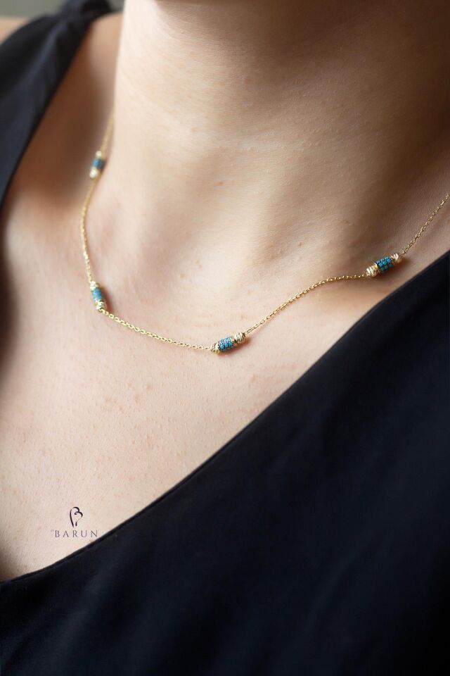 Sarı Renk Zincirli Mavi Firuze Gümüş Kolye