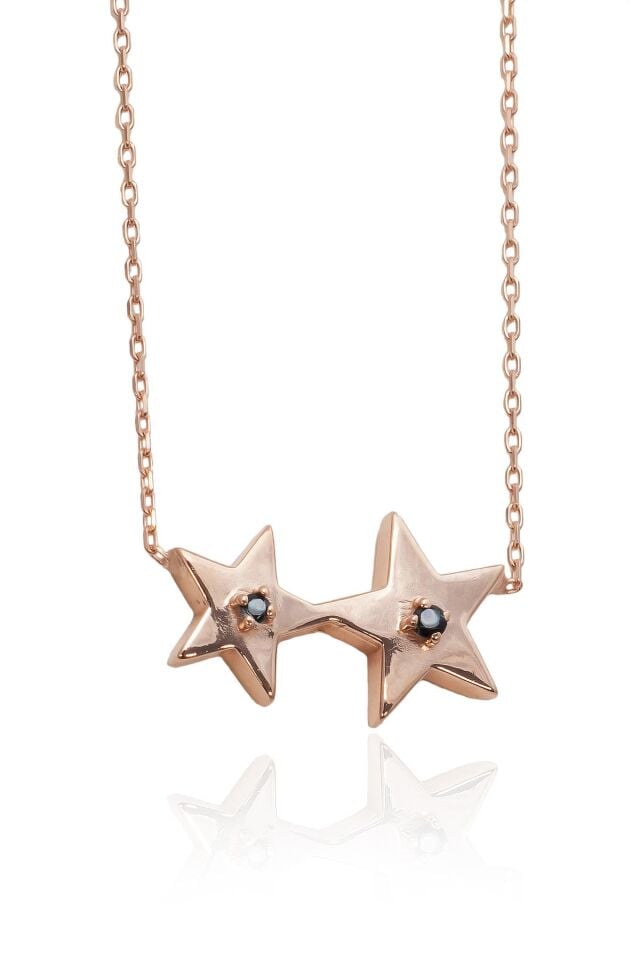 Siyah Taşlı İkili Gümüş Yıldız Kolye