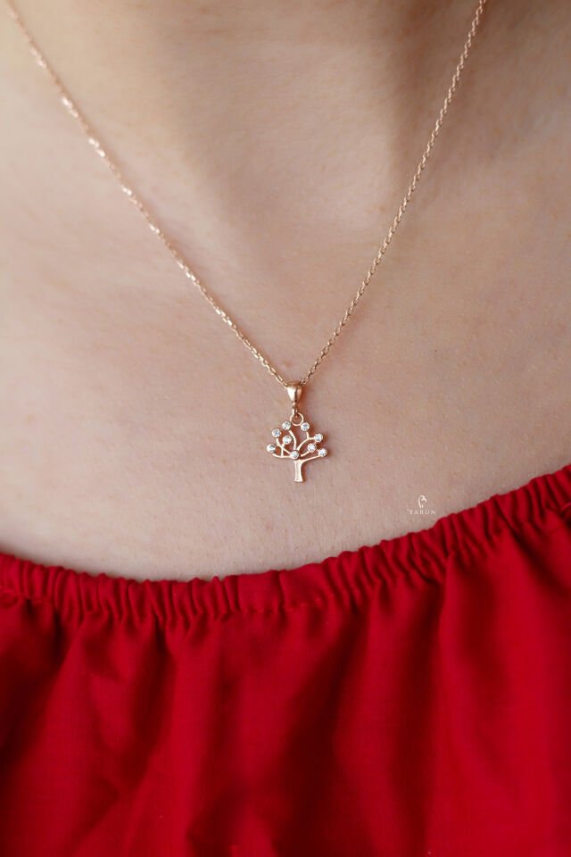 Hayat Ağacı Yuvarlak Beyaz Taşlı Gümüş Kolye-Rose