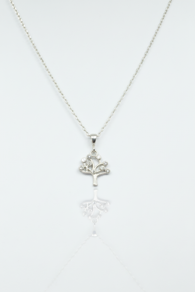 Hayat Ağacı Yuvarlak Beyaz Taşlı Gümüş Kolye-Rose