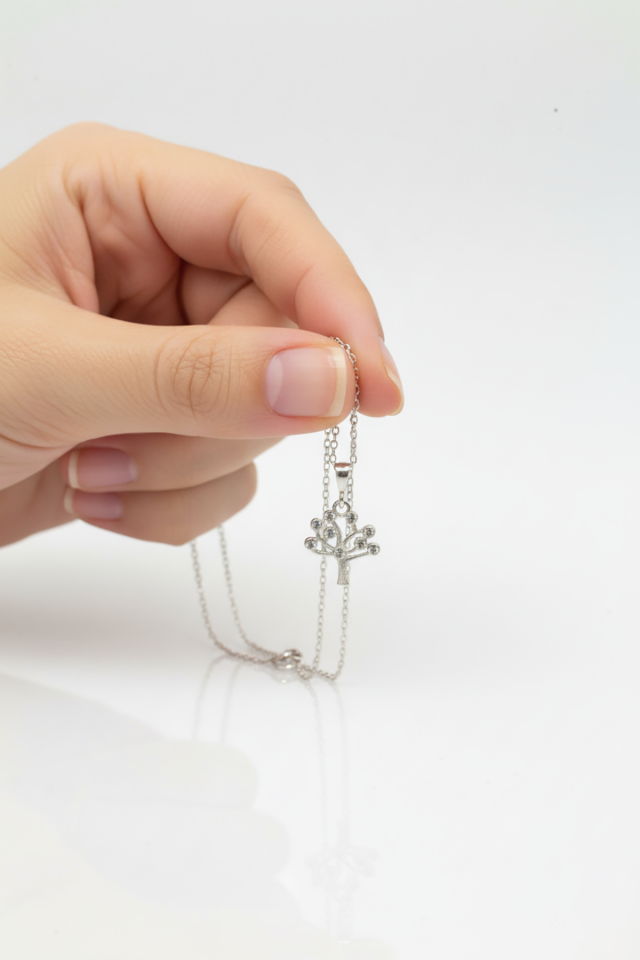 Hayat Ağacı Yuvarlak Beyaz Taşlı Gümüş Kolye-Rose