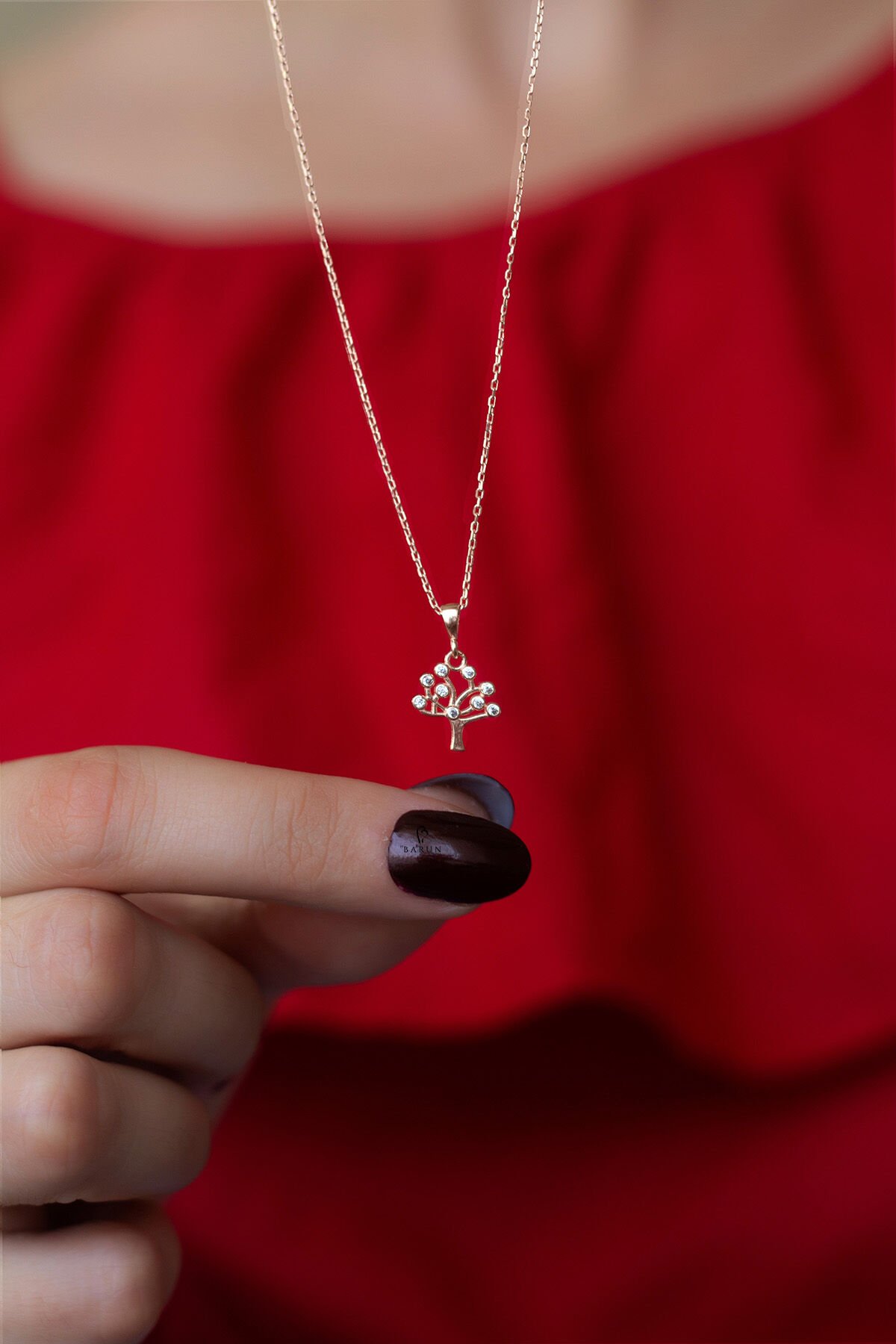 Hayat Ağacı Yuvarlak Beyaz Taşlı Gümüş Kolye-Rose