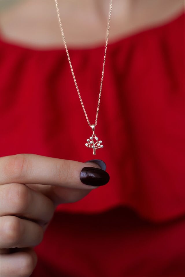 Hayat Ağacı Yuvarlak Beyaz Taşlı Gümüş Kolye-Rose