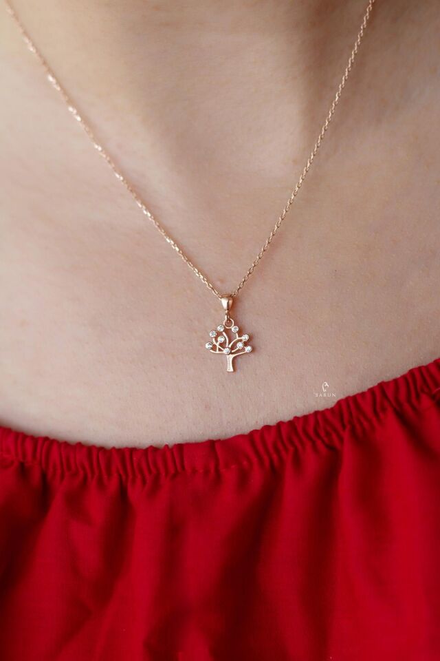 Hayat Ağacı Yuvarlak Beyaz Taşlı Gümüş Kolye-Rose