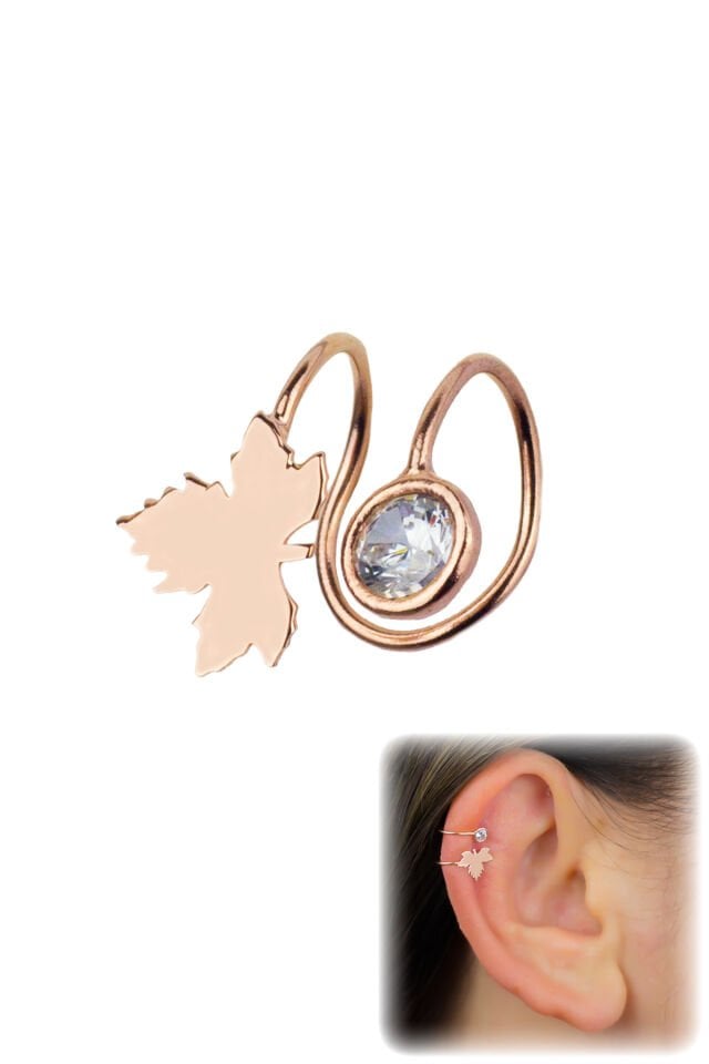 Tekli 925 Ayar Yaprak Kıkırdak Küpe - Rose