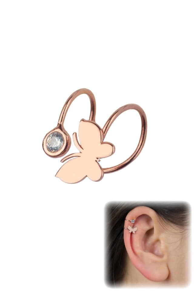 Tek Taş Kelebek Model 925 Ayar Gümüş Kıkırdak Küpe - Rose