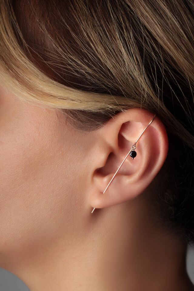 Tekli Siyah Taşlı Baston Küpe - Rose