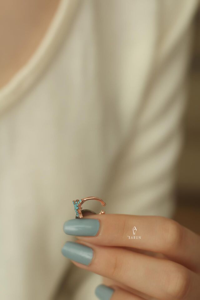 Kuzey Yıldızı Taşlı Firuze Mavi Halka 925 Ayar Kıkırdak Küpe Earcuff