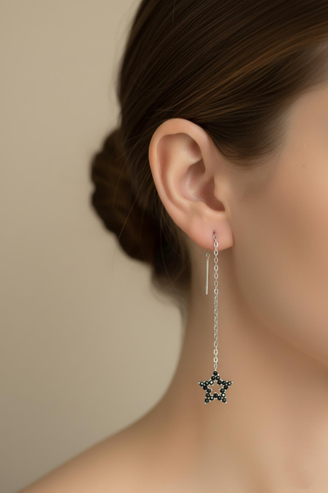 Siyah Yıldız  Sallantılı Zincir Küpe - Rose