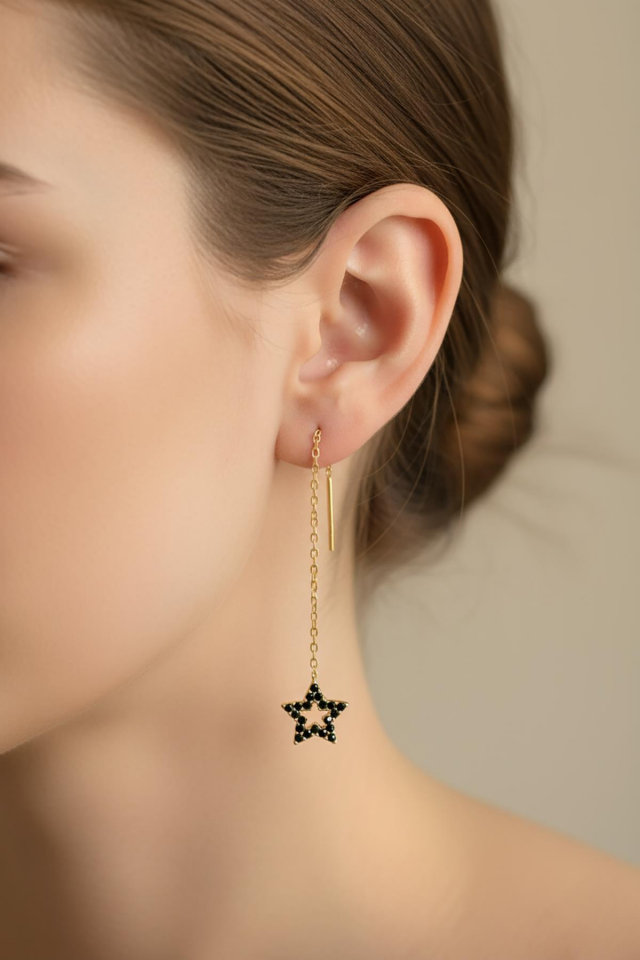 Siyah Yıldız  Sallantılı Zincir Küpe - Rose