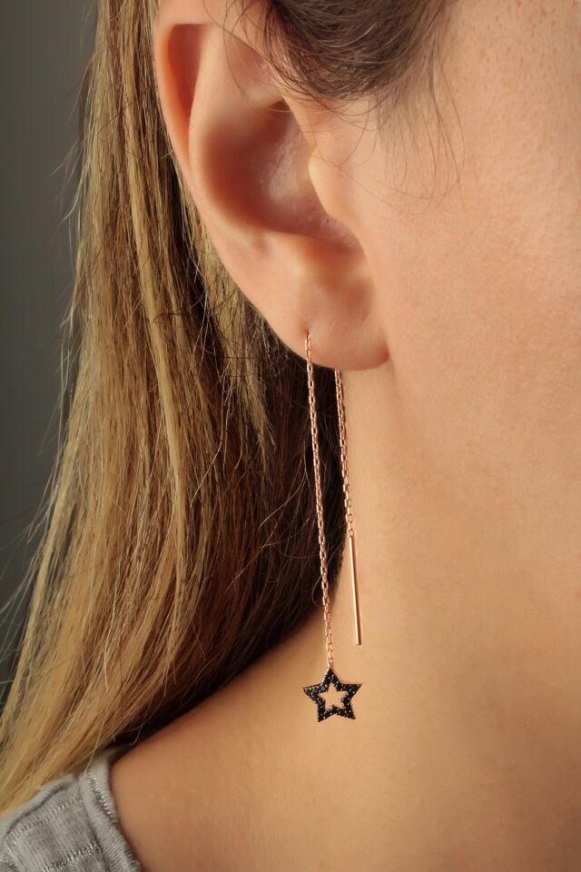 Siyah Yıldız  Sallantılı Zincir Küpe - Rose