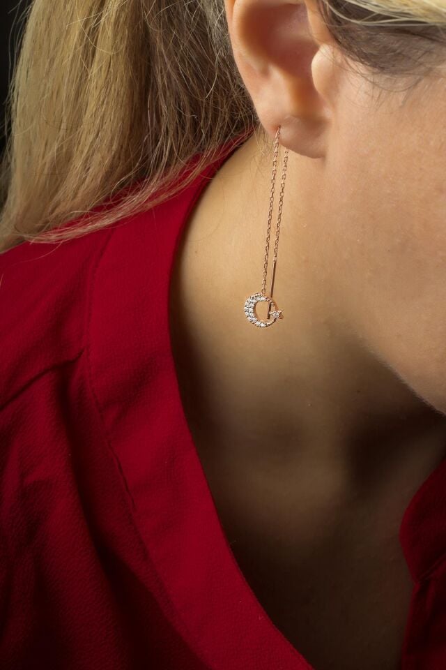 Ay Yıldız  Sallantılı Zincir Küpe - Rose