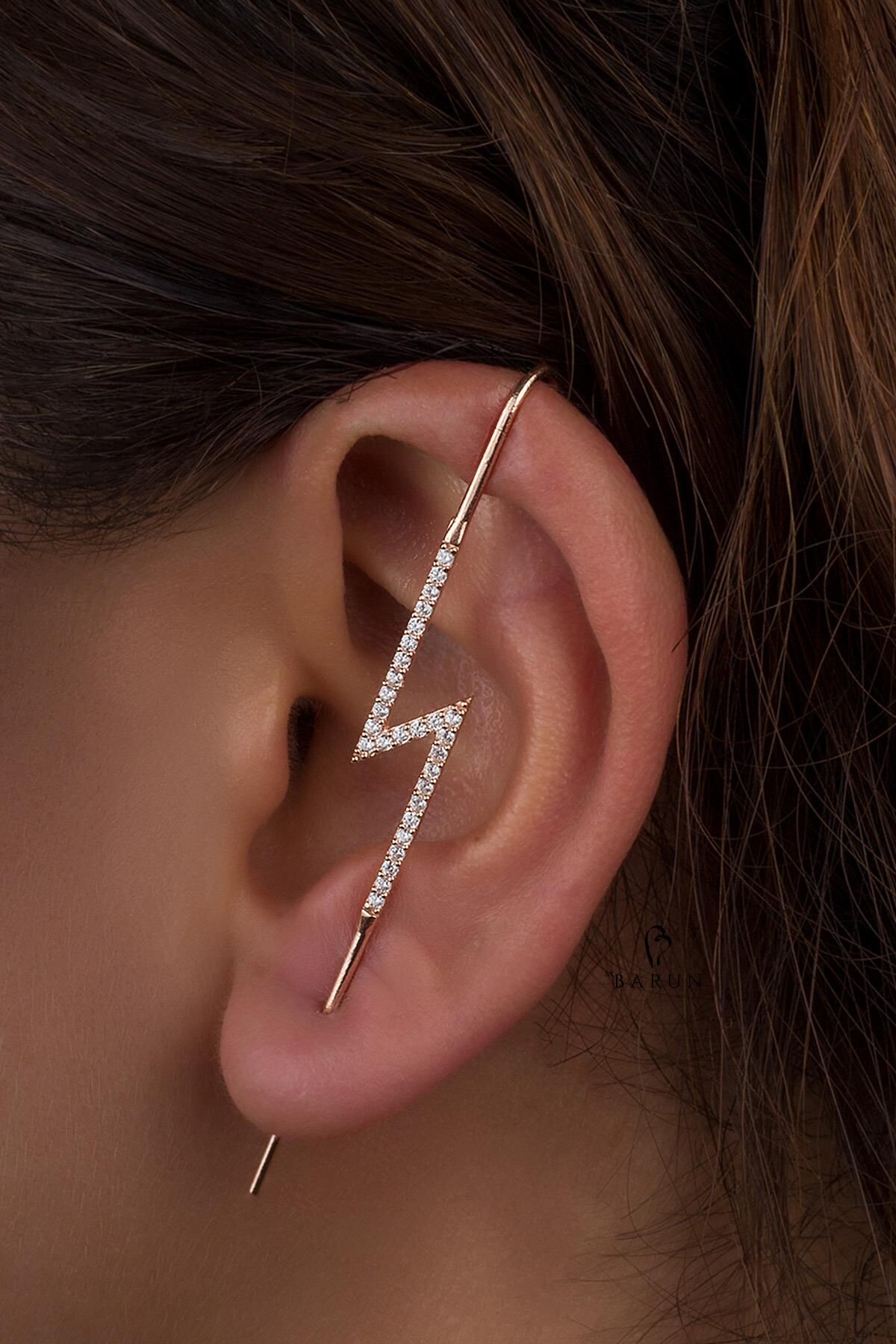 Tekli  Beyaz  Şimşek Yıldırım Baston Küpe - Rose