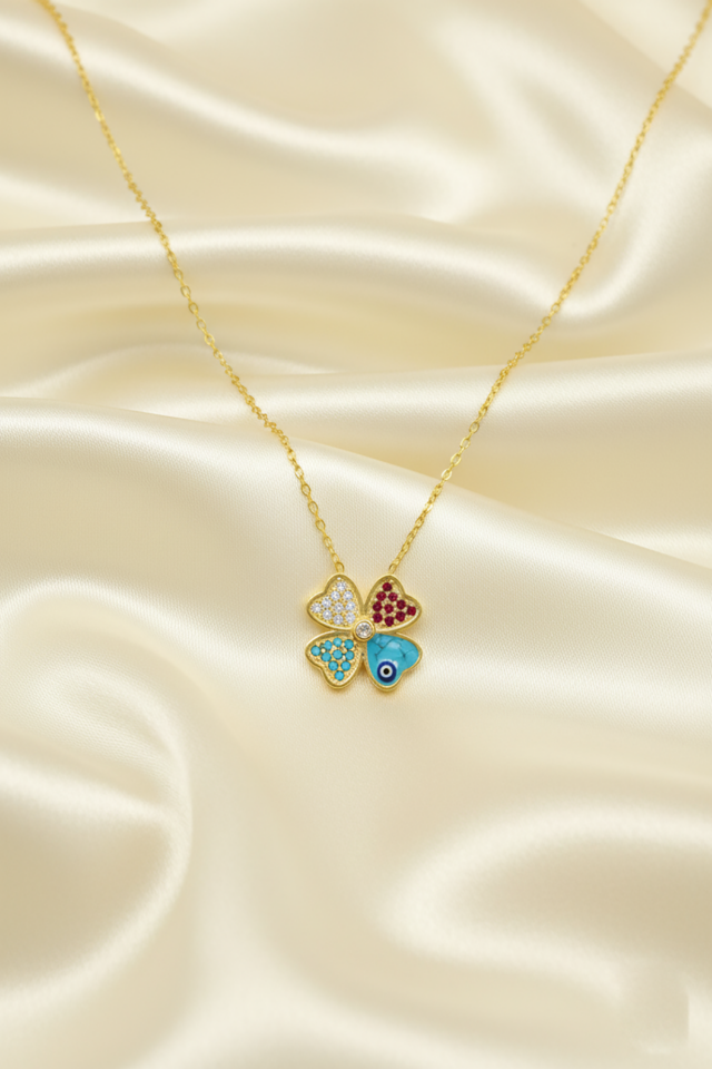 Dört 4 Yapraklı Yonca Model Renkli 925 Ayar Gümüş Kolye