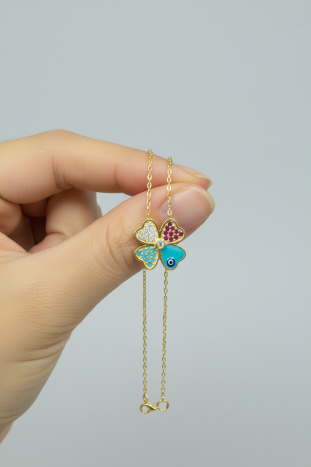 Dört 4 Yapraklı Yonca Model Renkli 925 Ayar Gümüş Kolye