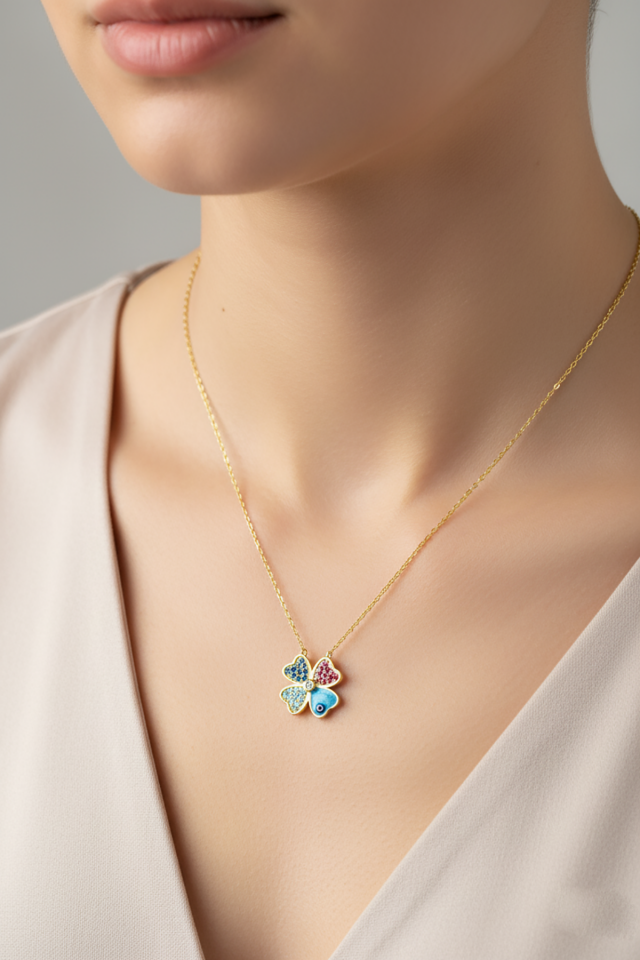 Dört 4 Yapraklı Yonca Model Renkli 925 Ayar Gümüş Kolye