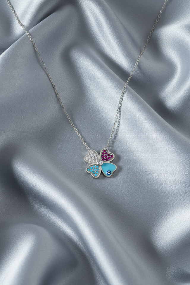 Dört 4 Yapraklı Yonca Model Renkli 925 Ayar Gümüş Kolye