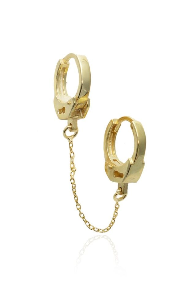 Zincir Kelepçe 925 Ayar Gümüş Halka Küpe -Sarı