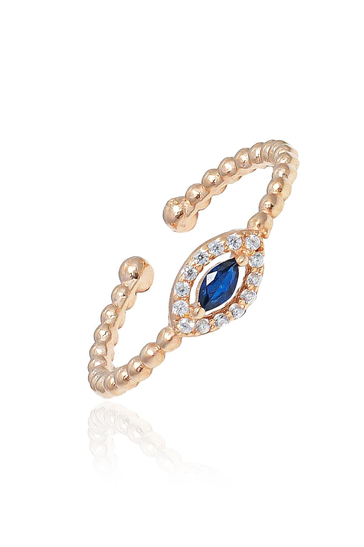 Safir Taşlı Ayarlanabilir 925 Ayar Gümüş Oval Yüzük-Rose