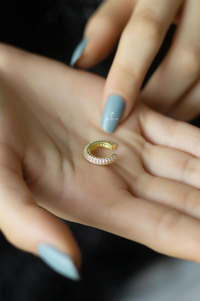 Üç Sıra Beyaz Taşlı 925 Ayar Gümüş Halka Kıkırdak Küpe Earcuff-Sarı