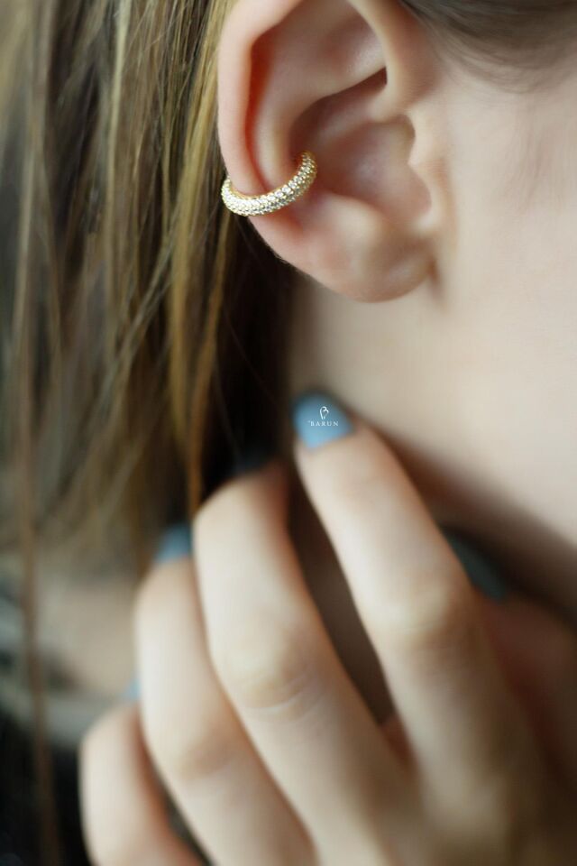 Üç Sıra Beyaz Taşlı 925 Ayar Gümüş Halka Kıkırdak Küpe Earcuff-Sarı