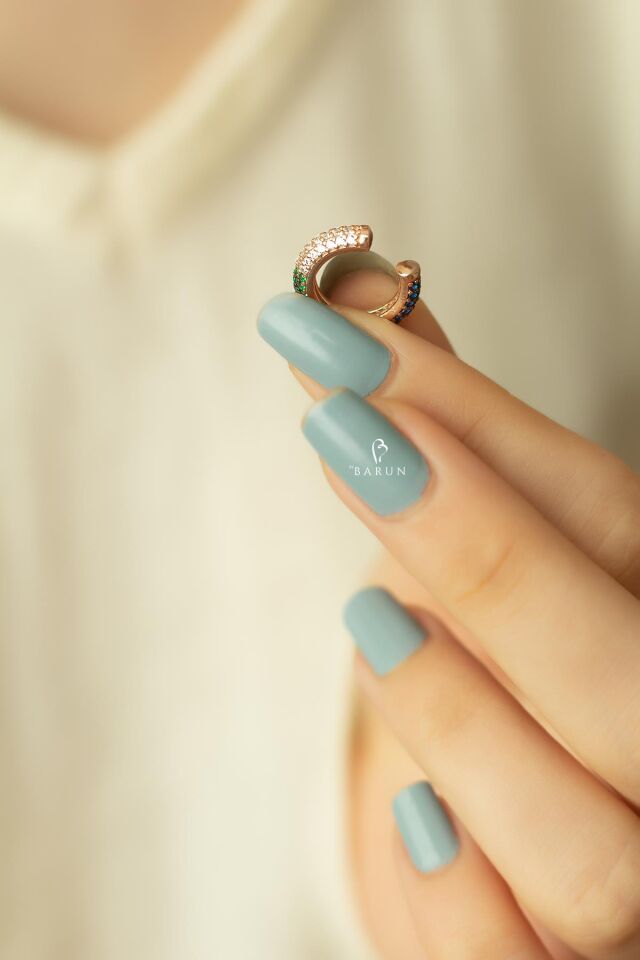 Renkli Yuvarlak Taşlı 925 Ayar Gümüş Halka Kıkırdak Küpe Earcuff