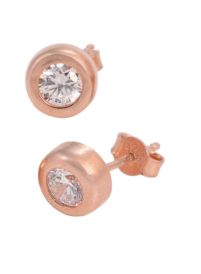 Tek Taş Yuvarlak 925 Ayar Gümüş Küpe - Rose