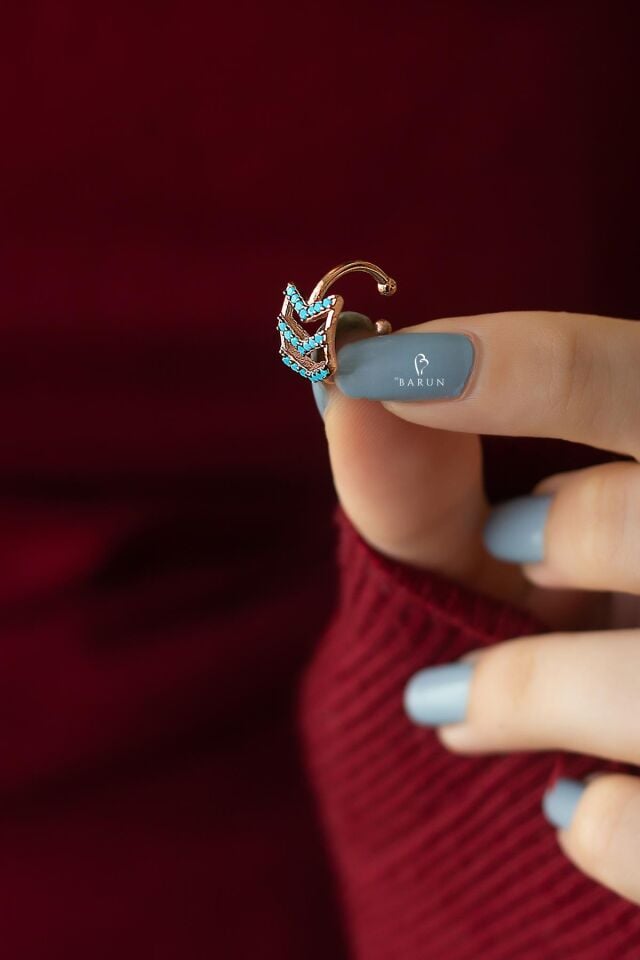 Yuvarlak Mavi Firuze Taşlı  Ok Model 925 Ayar Halka Gümüş Kıkırdak Küpe Earcuff