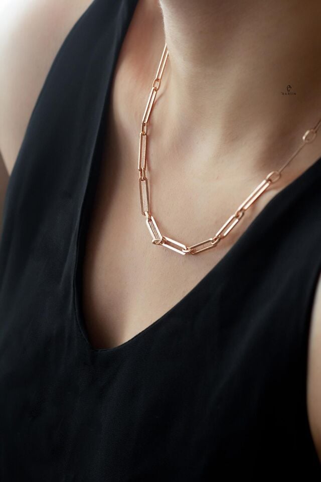 Kalın Geçme Zincir 925 Ayar Gümüş Gerdanlık Kolye Rose