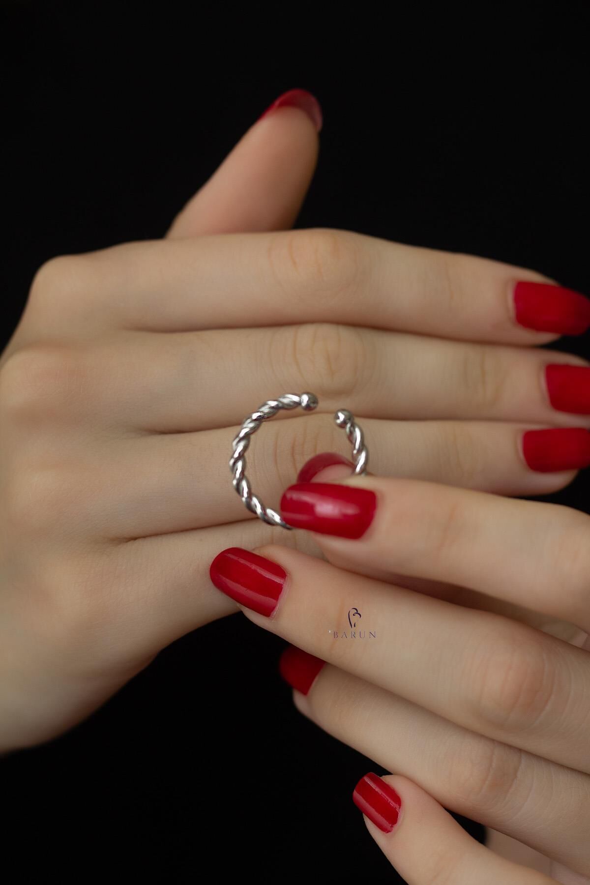 Yuvarlak Burma Model Örgü 925 Ayar Ayarlanabilir Gümüş Rengi Yüzük